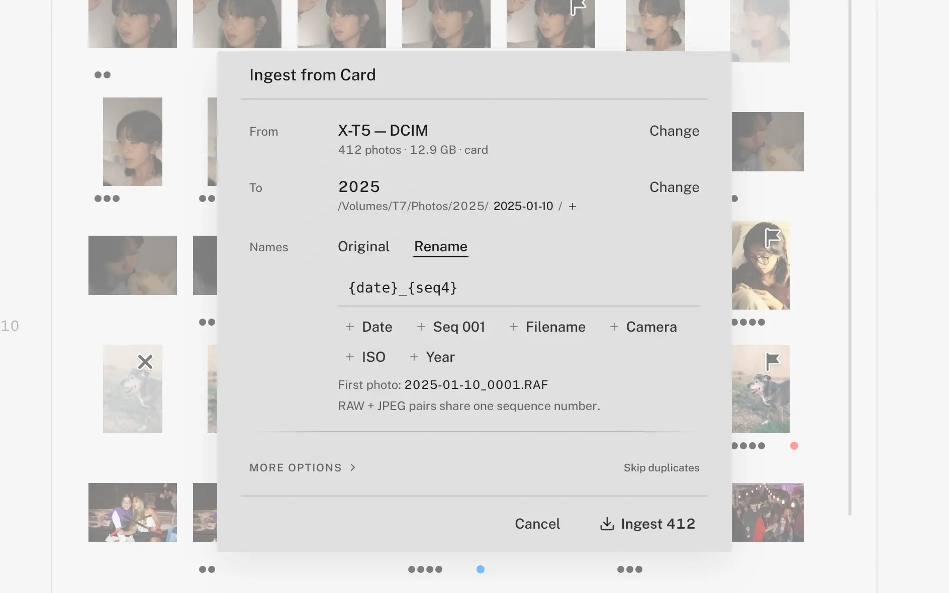 The Ingest from Card sheet over the grid. From: the camera's card, with its photo count and size. To: a dated folder on an external drive. Names: Original or Rename, with a template built from Date, Sequence, Filename, Camera, ISO and Year tokens, and the first photo's resulting name shown beneath. More options, Skip duplicates, and the Cancel and Ingest buttons.