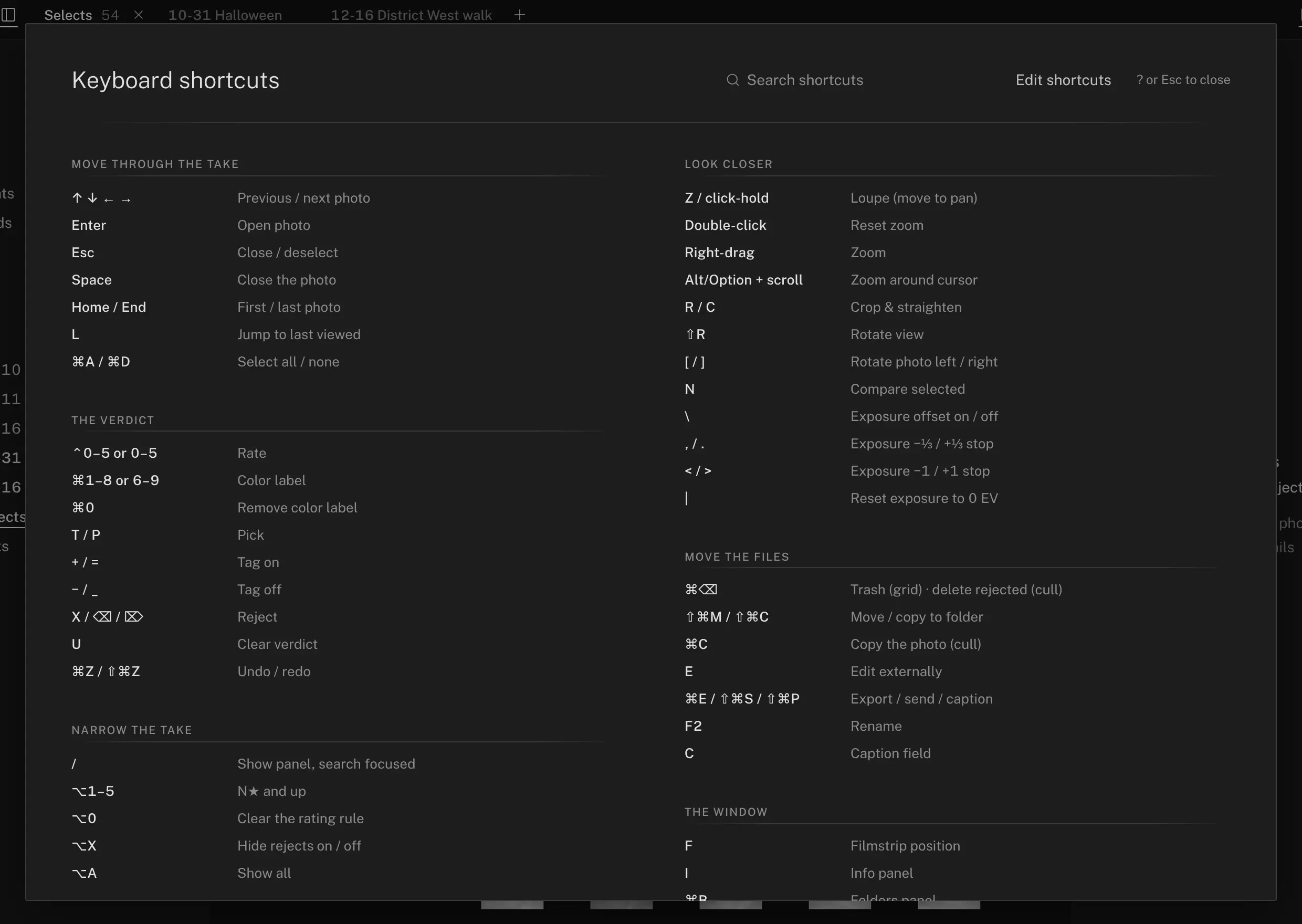 The full-window keyboard reference: sections for moving through the take, the verdict, narrowing the take, looking closer, moving the files and the window, each key in ink beside its action, with a search field and an Edit shortcuts control at the top.