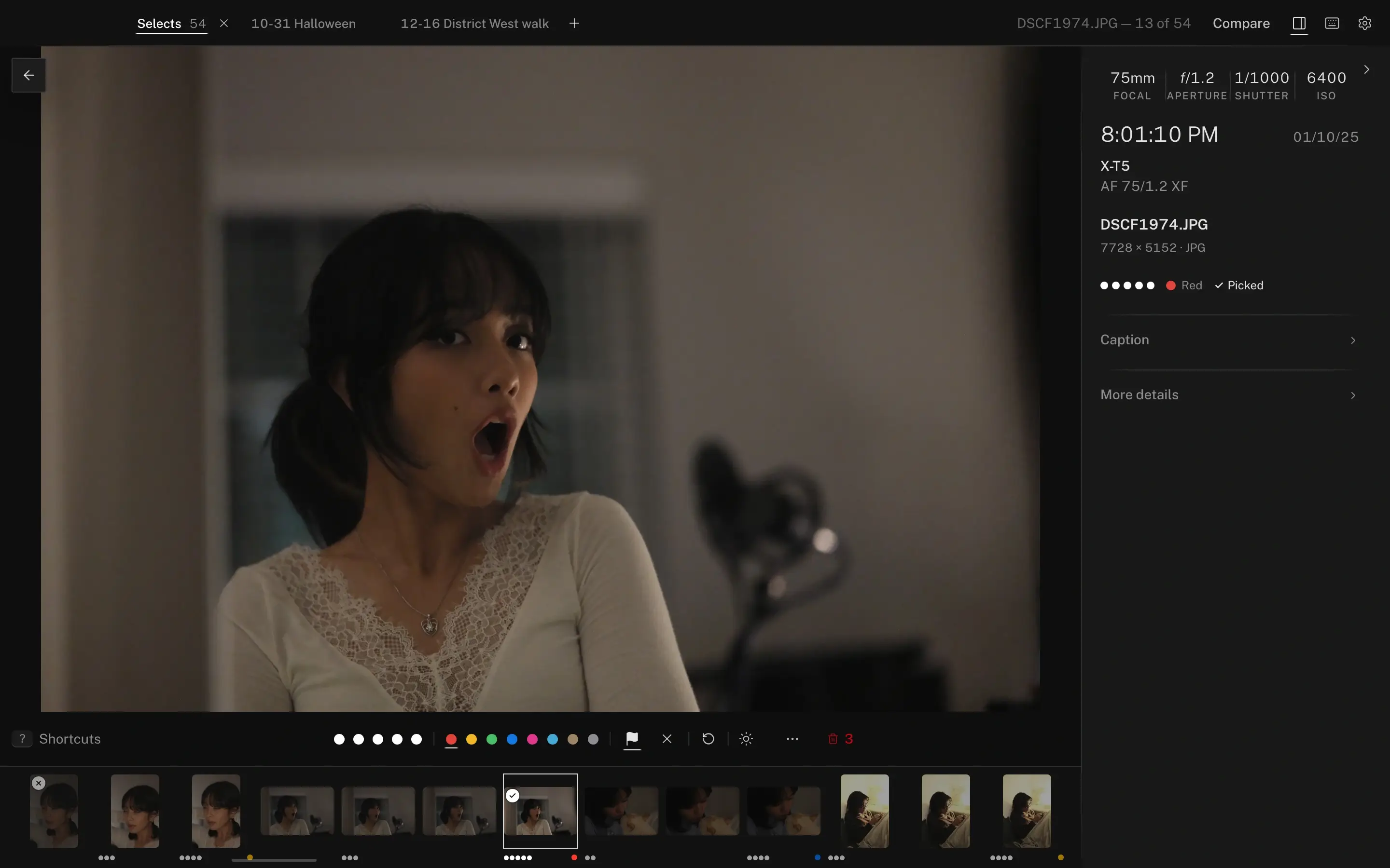 Lamplit's single-photo view. A portrait fills the frame; beneath it a plain row of controls — five rating dots, eight colour-label dots, pick, reject, reset, exposure — and a filmstrip of the take, the current frame outlined. The panel on the right shows focal length, aperture, shutter and ISO in four cells, the capture time, camera and lens, the filename, the rating, a red label and Picked.