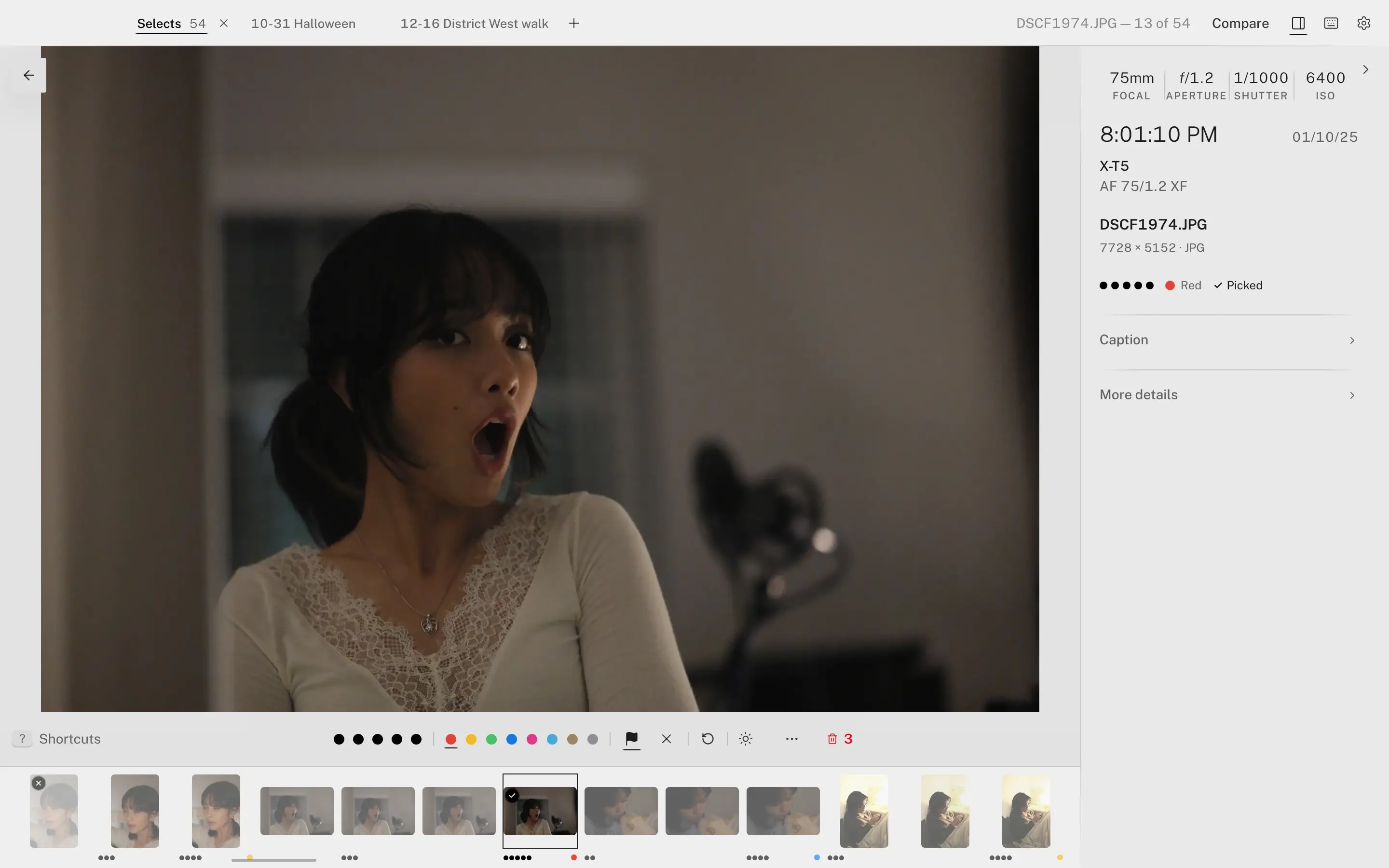 Lamplit's single-photo view. A portrait fills the frame; beneath it a plain row of controls — five rating dots, eight colour-label dots, pick, reject, reset, exposure — and a filmstrip of the take, the current frame outlined. The panel on the right shows focal length, aperture, shutter and ISO in four cells, the capture time, camera and lens, the filename, the rating, a red label and Picked.